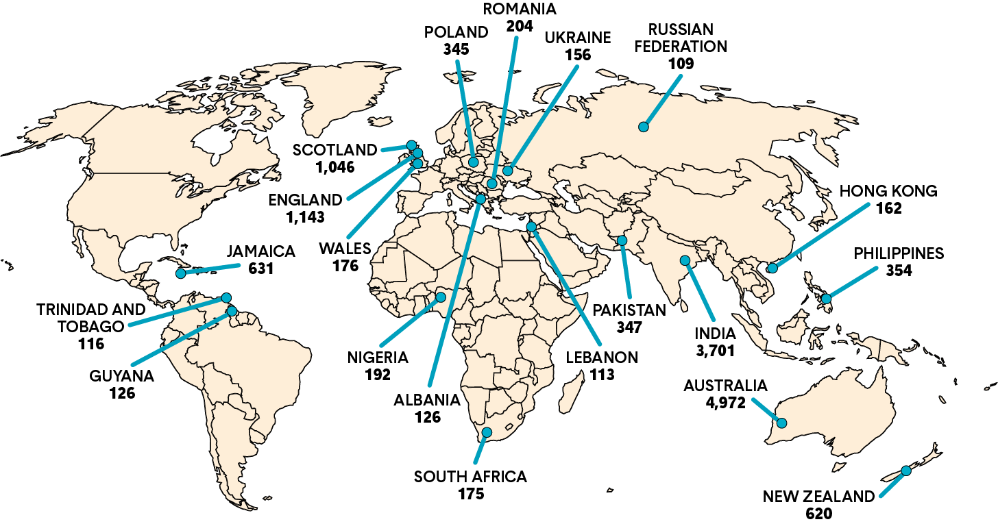 Map of the world depicting the top 20 countries where members were initially certified, excluding the US and Canada. Long description follows.