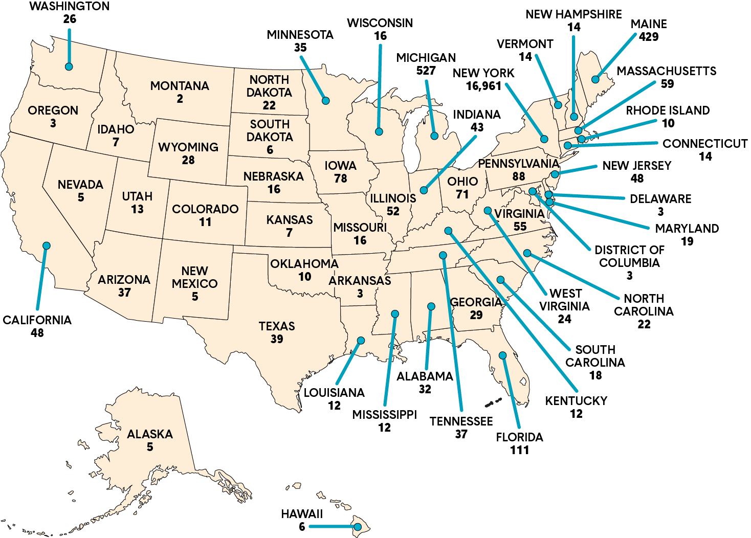 Map of the United States depicting the total number of members by US state of initial certification. Long description follows.