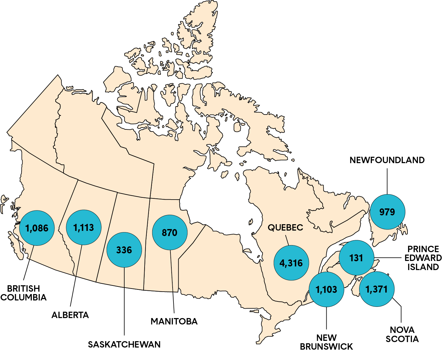 Map of Canada depicting the number of members by province of initial certification. Long description follows.