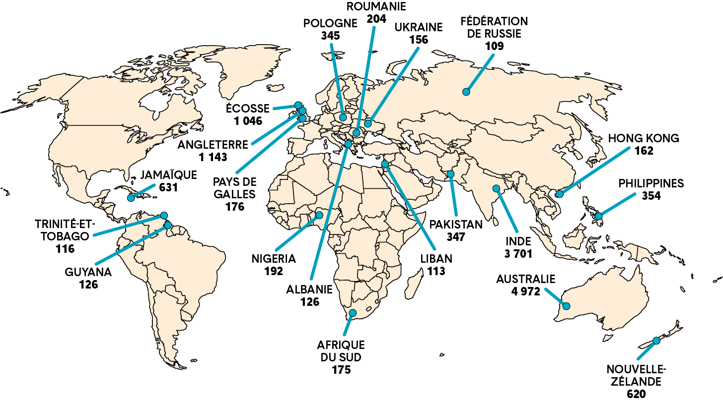 Carte du monde montrant les 20 principaux pays autres que les É.-U. et le Canada où les membres ont obtenu l’autorisation d’enseigner initiale. Une longue description est fournie.