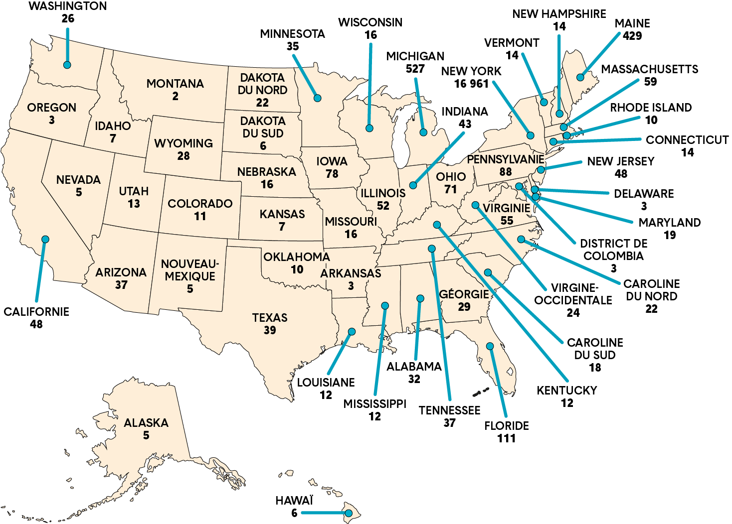 Carte des États-Unis montrant le nombre de membres ayant reçu l’autorisation d’enseigner initiale, par État américain. Une longue description est fournie.