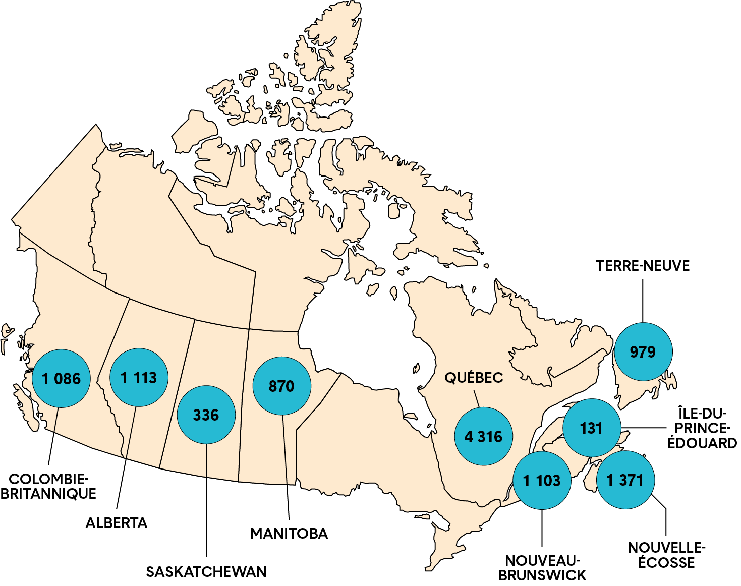 Carte du Canada montrant le nombre de membres selon la province d’obtention de la certification initiale. Une longue description est fournie.